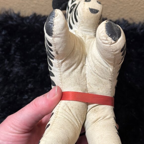 Vintage Zebra  Oil Cloth Stuffed Zebra Pin Cushion  Red Ribbon & Thread Spool - Picture 6 of 8